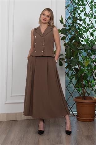 Trend Model İçi Astarlı Düğmeli Yelek & Kemerli Uzun Etek Takım 1205