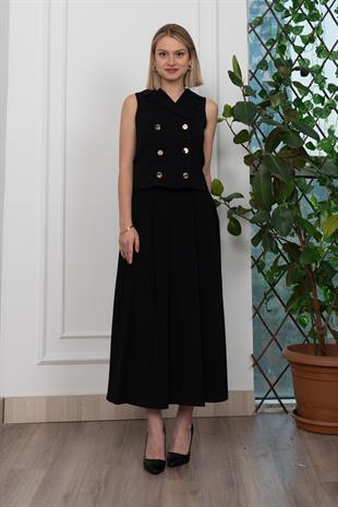 Trend Model İçi Astarlı Düğmeli Yelek & Kemerli Uzun Etek Takım 1205