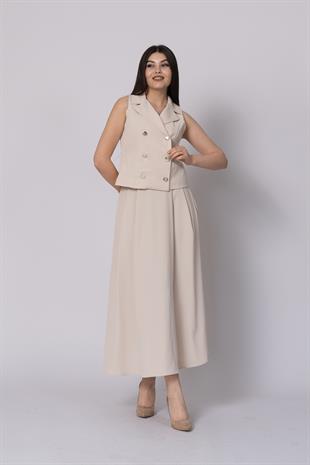 Trend Model İçi Astarlı Düğmeli Yelek & Kemerli Uzun Etek Takımı 1205