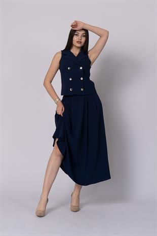 Trend Model İçi Astarlı Düğmeli Yelek & Kemerli Uzun Etek Takımı 1205