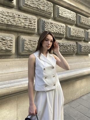 Trend Model İçi Astarlı Düğmeli Yelek & Kemerli Uzun Etek Takım 1205