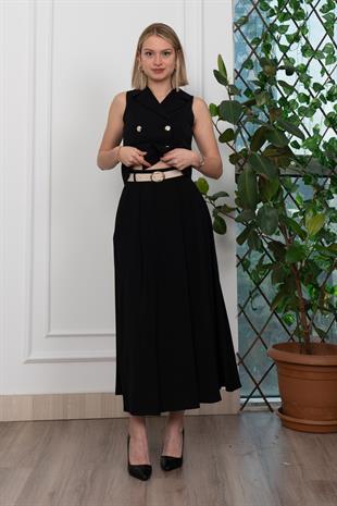Trend Model İçi Astarlı Düğmeli Yelek & Kemerli Uzun Etek Takım 1205