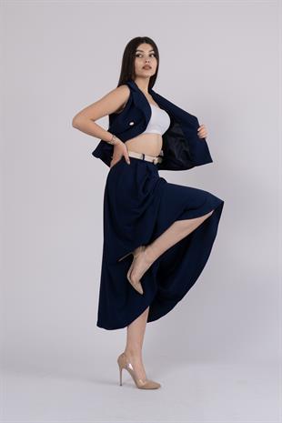 Trend Model İçi Astarlı Düğmeli Yelek & Kemerli Uzun Etek Takımı 1205