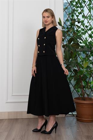 Trend Model İçi Astarlı Düğmeli Yelek & Kemerli Uzun Etek Takım 1205