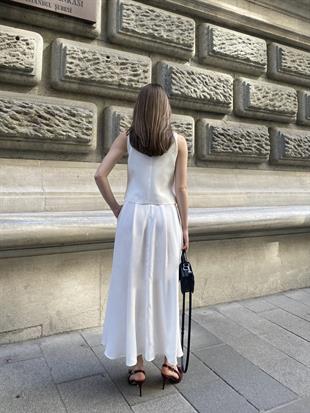 Trend Model İçi Astarlı Düğmeli Yelek & Kemerli Uzun Etek Takım 1205