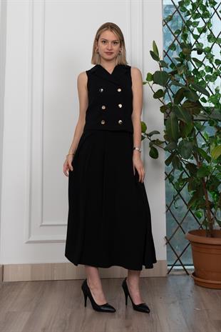 Trend Model İçi Astarlı Düğmeli Yelek & Kemerli Uzun Etek Takım 1205