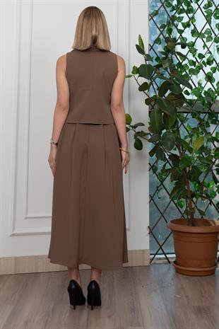 Trend Model İçi Astarlı Düğmeli Yelek & Kemerli Uzun Etek Takım 1205