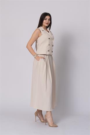 Trend Model İçi Astarlı Düğmeli Yelek & Kemerli Uzun Etek Takımı 1205