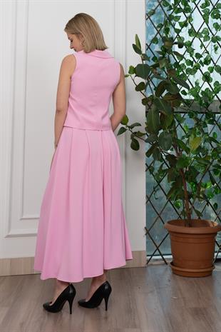 Trend Model İçi Astarlı Düğmeli Yelek & Kemerli Uzun Etek Takım 1205