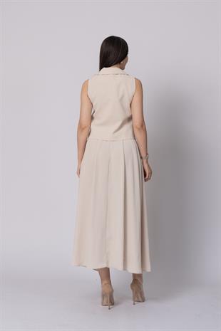 Trend Model İçi Astarlı Düğmeli Yelek & Kemerli Uzun Etek Takımı 1205