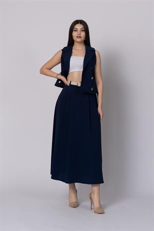 Trend Model İçi Astarlı Düğmeli Yelek & Kemerli Uzun Etek Takımı 1205