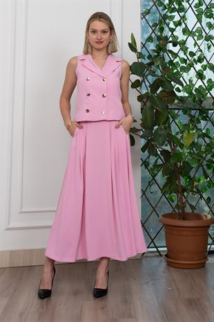 Trend Model İçi Astarlı Düğmeli Yelek & Kemerli Uzun Etek Takım 1205