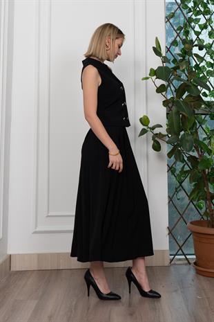 Trend Model İçi Astarlı Düğmeli Yelek & Kemerli Uzun Etek Takım 1205