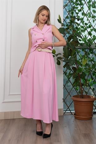 Trend Model İçi Astarlı Düğmeli Yelek & Kemerli Uzun Etek Takım 1205