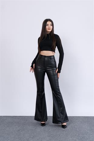 Trend Model İspanyol Paça Yüksek Bel Deri Pantolon 3942
