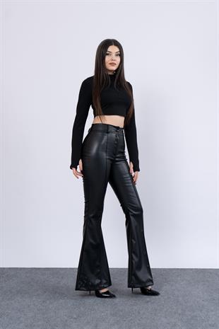Trend Model İspanyol Paça Yüksek Bel Deri Pantolon 3942