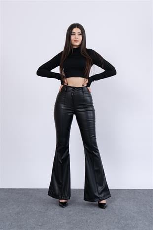 Trend Model İspanyol Paça Yüksek Bel Deri Pantolon 3942