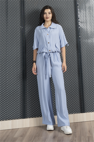 Trend Takım Bel Tünel Geçişli Lastikli Bluz ve Cepli Pantolon 1196