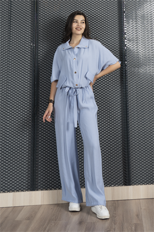 Trend Takım Bel Tünel Geçişli Lastikli Bluz ve Cepli Pantolon 1196