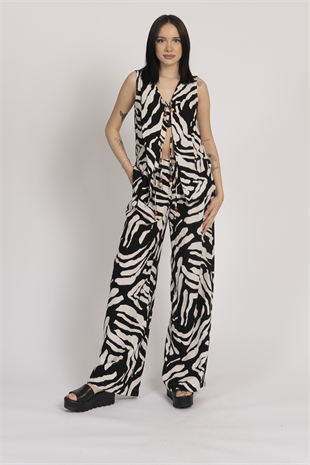 Üç Biye Boncuk İp Bağlamalı Süs Cep Yelek ve Bel Arkadan Lastikli Cepli Pantolon Keten Takım 1215