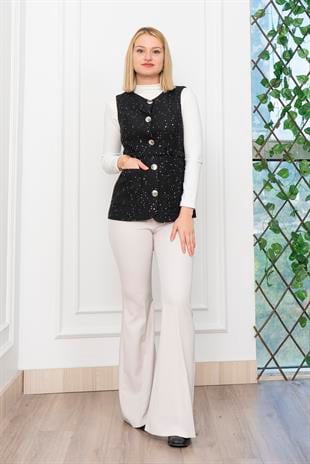 Uzun Buklet Kumaş Kuşak Kemerli Cepli Yelek 9138