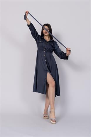 Uzun Kollu ve Kolları Katlana Bilen Boydan Düğmeli Beli Lastikli Saten Elbise 50306