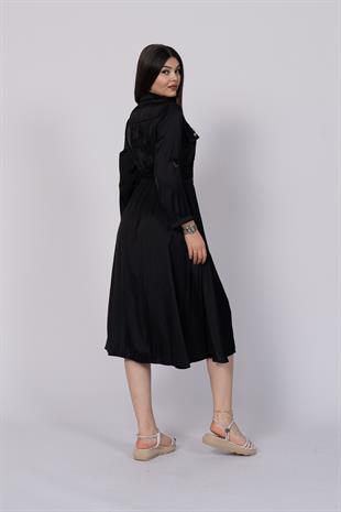 Uzun Kollu ve Kolları Katlana Bilen Boydan Düğmeli Beli Lastikli Saten Elbise 50306