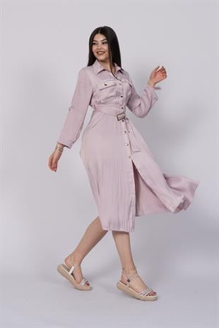 Uzun Kollu ve Kolları Katlana Bilen Boydan Düğmeli Beli Lastikli Saten Elbise 50306