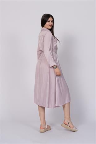 Uzun Kollu ve Kolları Katlana Bilen Boydan Düğmeli Beli Lastikli Saten Elbise 50306