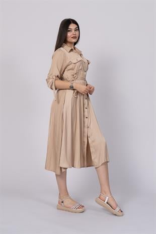 Uzun Kollu ve Kolları Katlana Bilen Boydan Düğmeli Beli Lastikli Saten Elbise 50306