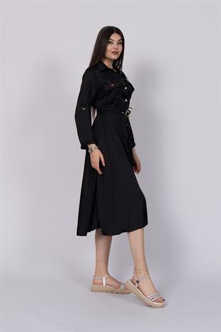 Uzun Kollu ve Kolları Katlana Bilen Boydan Düğmeli Beli Lastikli Saten Elbise 50306