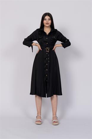 Uzun Kollu ve Kolları Katlana Bilen Boydan Düğmeli Beli Lastikli Saten Elbise 50306