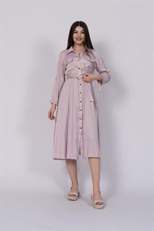 Uzun Kollu ve Kolları Katlana Bilen Boydan Düğmeli Beli Lastikli Saten Elbise 50306