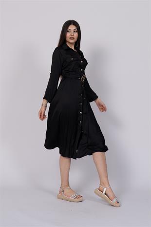 Uzun Kollu ve Kolları Katlana Bilen Boydan Düğmeli Beli Lastikli Saten Elbise 50306