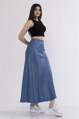 Uzun Verev Saten Beli Lastikli Etek 6694