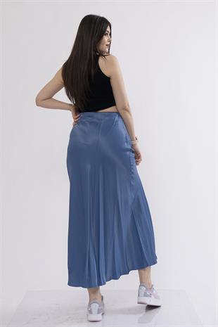 Uzun Verev Saten Beli Lastikli Etek 6694