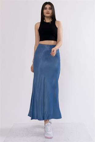 Uzun Verev Saten Beli Lastikli Etek 6694
