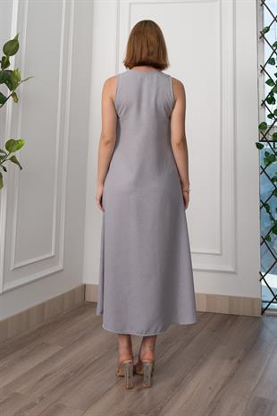 V Yaka Spagetti İp Detaylı Yırtmaçlı Uzun Elbise 50324