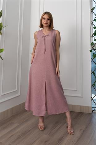 V Yaka Spagetti İp Detaylı Yırtmaçlı Uzun Elbise 50324