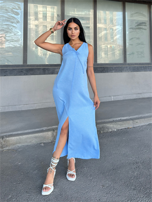 V Yaka Spagetti İp Detaylı Yırtmaçlı Uzun Elbise 50324