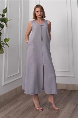 V Yaka Spagetti İp Detaylı Yırtmaçlı Uzun Elbise 50324