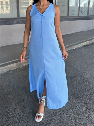 V Yaka Spagetti İp Detaylı Yırtmaçlı Uzun Elbise 50324