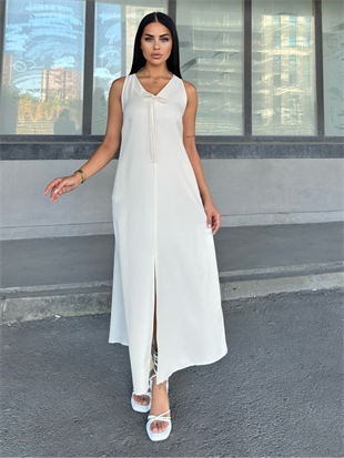 V Yaka Spagetti İp Detaylı Yırtmaçlı Uzun Elbise 50324