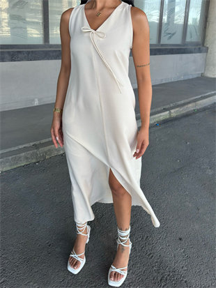 V Yaka Spagetti İp Detaylı Yırtmaçlı Uzun Elbise 50324