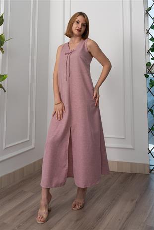 V Yaka Spagetti İp Detaylı Yırtmaçlı Uzun Elbise 50324