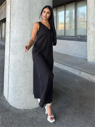 V Yaka Spagetti İp Detaylı Yırtmaçlı Uzun Elbise 50324