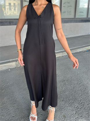 V Yaka Spagetti İp Detaylı Yırtmaçlı Uzun Elbise 50324