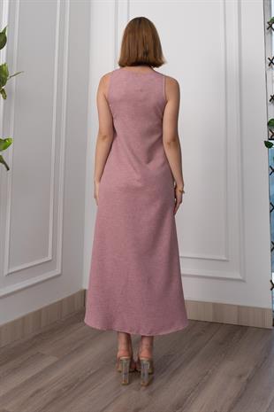 V Yaka Spagetti İp Detaylı Yırtmaçlı Uzun Elbise 50324