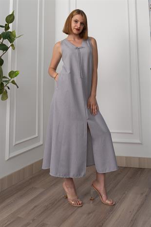 V Yaka Spagetti İp Detaylı Yırtmaçlı Uzun Elbise 50324