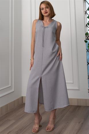 V Yaka Spagetti İp Detaylı Yırtmaçlı Uzun Elbise 50324